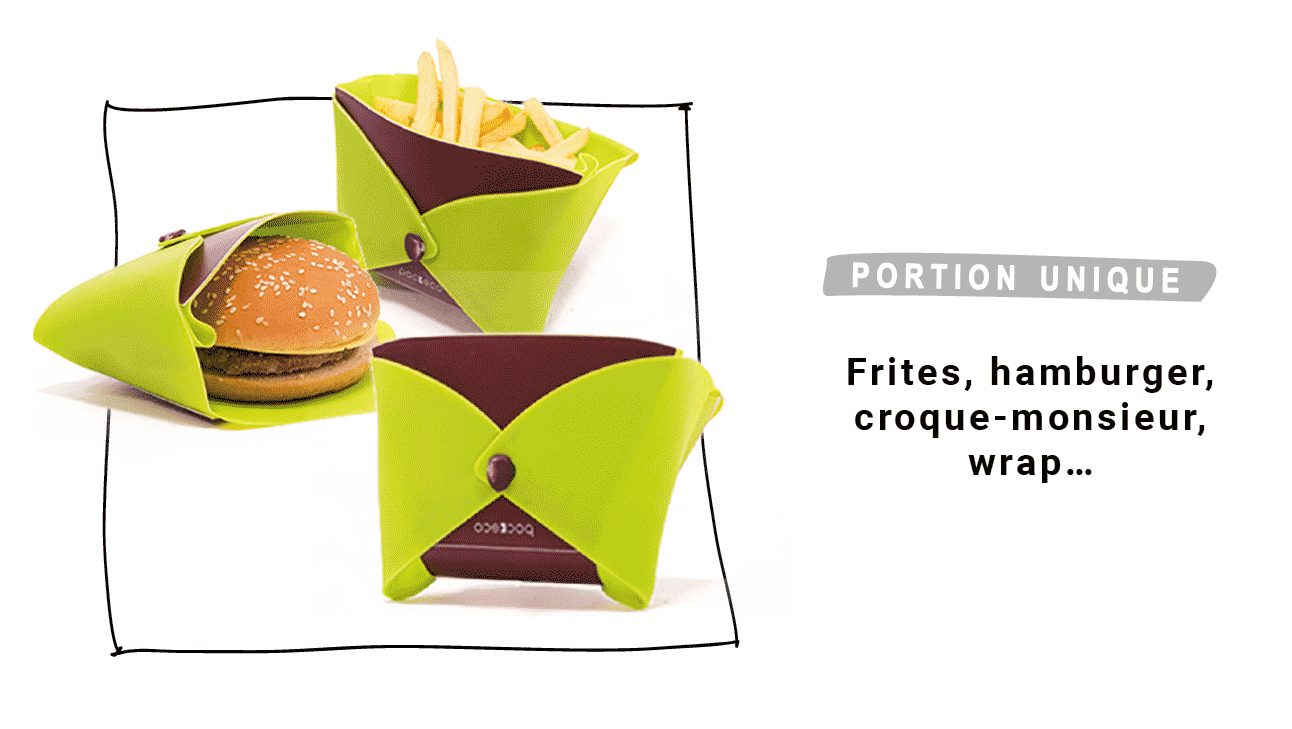 GIF animé présentant les 4 différents pliages du packaging alimentaire Pockeco : portion unique, portion double, sandwiche et assiette