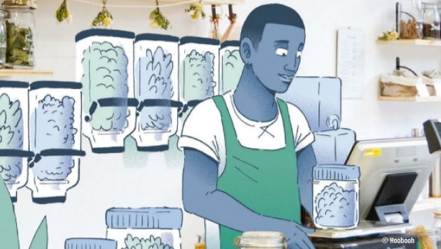 Illustration de Hoobooh extraite du livre "Le vrac : mode d'emploi", montrant un homme dans une épicerie de vente en vrac.