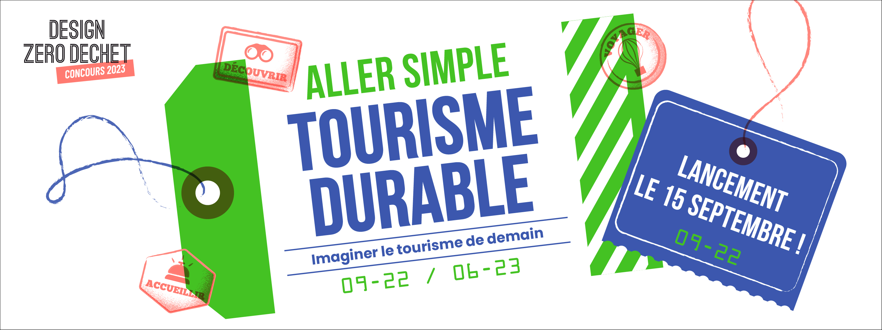 Identité visuelle du concours Design Zéro Déchet 2023 : une étiquette de bagage sur laquelle est écrit 